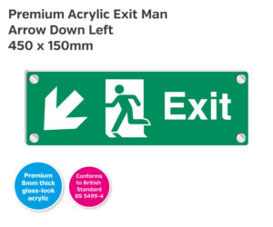 es410 premium acrylic exit man arrow down left 450x150