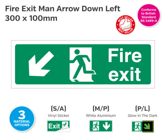 es614 fire exit man arrow down left 300x100