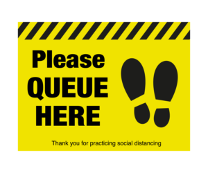 please queue here with symbol distancing floor sign