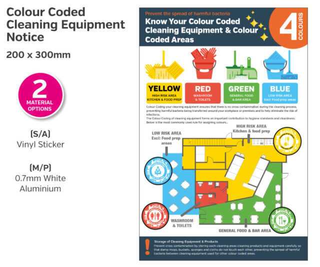 Colour Coded Staff Guidance Cleaning Equipment Notice - 200 x 300mm