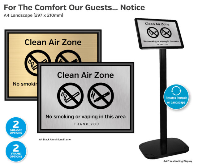 For The Comfort of Our Guests No Smoking or Vaping Notice - A4 Framed Landscape