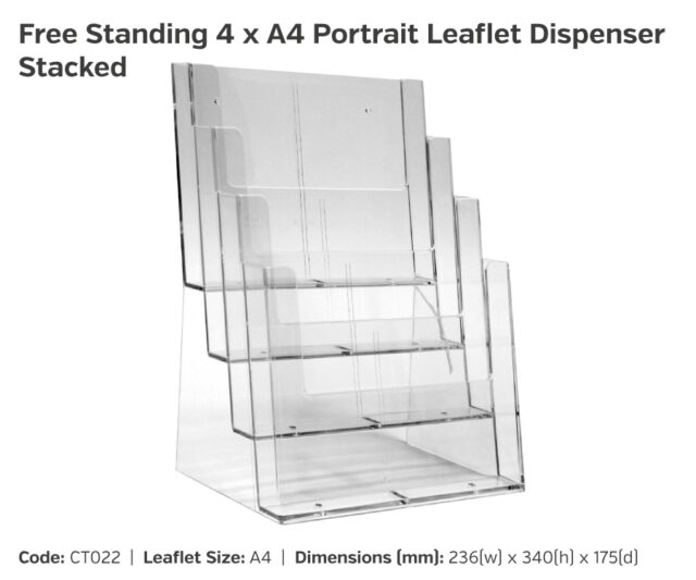 CT022 4x A4 Freestanding Portrait Leaflet Dispenser Stacked